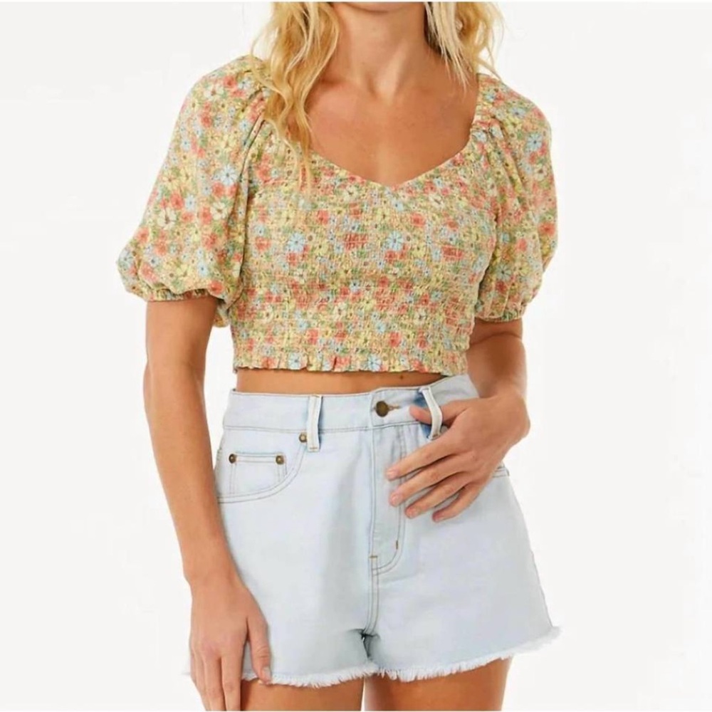 Rip Curl Smocked Floral Puff‎ Sleeve Crop Top Size Small NWT